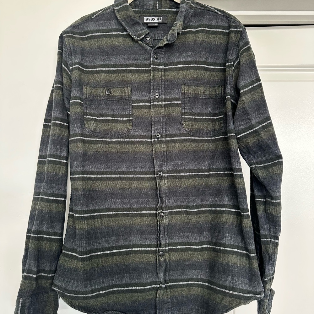 Ezekiel Men's Gray and Green Striped Button Down Shirt